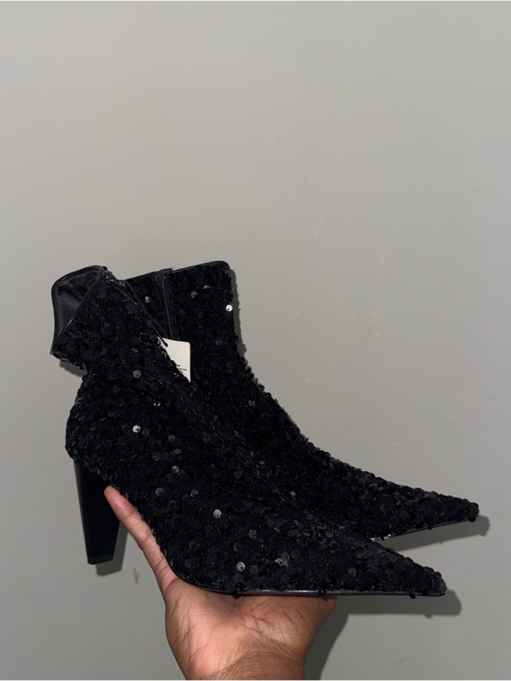 Zara Black Sequin Pointed Toe Heeled Ankle Boots
